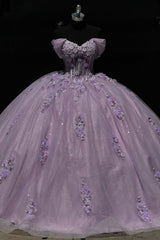 Ball Gown Off Shoulder Sleeveless Pleated 3D Flowers Appliques Sparkly Lilac Tulle Quinceanera Dress Birthday Party Dress Evening Formal Gown For Sweet 16