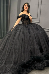 Ball Gown Off Shoulder Sleeveless Pleated Appliques Tiered Sparkly Black Tulle Quinceanera Dress Birthday Party Dress For Sweet 16