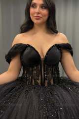 Ball Gown Off Shoulder Sleeveless Pleated Appliques Tiered Sparkly Black Tulle Quinceanera Dress Birthday Party Dress For Sweet 16
