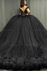 Ball Gown Off Shoulder Sleeveless Pleated Appliques Tiered Sparkly Black Tulle Quinceanera Dress Birthday Party Dress For Sweet 16