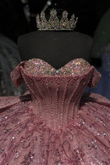 Ball Gown Off Shoulder Sleeveless Pleated Beaded Crystal Fully Sequins Sparkly Pink Tulle Quinceanera Dress Birthday Party Dress For Sweet 16