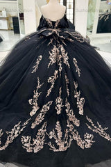 Ball Gown Off Shoulder Sleeveless Pleated Beaded Gold Appliques Bow Knot Lace Up Balck Tulle Quinceanera Dress Birthday Party Dress For Sweet 16
