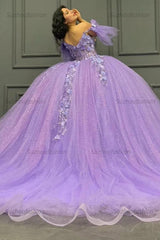 Ball Gown Off Shoulder Sleeveless Pleated Beaded Sequins 3D Flower Appliques Glitter Purple Tulle Quinceanera Dress Birthday Party Gown For Sweet 16