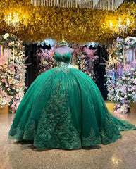 Ball Gown Off Shoulder Sleeveless Pleated Fully Beaded Appliques Dark Green Tulle Quinceanera Dress Birthday Party Dress Formal Evening Gown For Sweet 16
