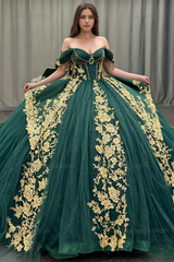 Ball Gown Off Shoulder Sleeveless Pleated Gold Sequins Beaded Crystal Glitter Dark Green Tulle Quinceanera Dress Closet Big Bow Knot Birthday Party Dress For Sweet 16