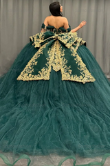 Ball Gown Off Shoulder Sleeveless Pleated Gold Sequins Beaded Crystal Glitter Dark Green Tulle Quinceanera Dress Closet Big Bow Knot Birthday Party Dress For Sweet 16