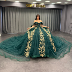 Ball Gown Off Shoulder Sleeveless Pleated Gold Sequins Beaded Crystal Glitter Dark Green Tulle Quinceanera Dress Closet Big Bow Knot Birthday Party Dress For Sweet 16