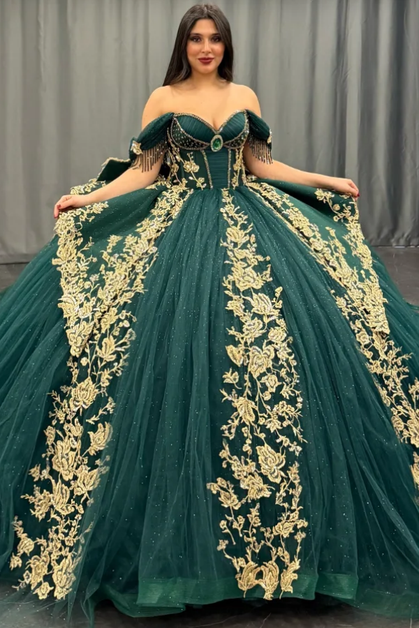 Ball Gown Off Shoulder Sleeveless Pleated Gold Sequins Beaded Crystal Glitter Dark Green Tulle Quinceanera Dress Closet Big Bow Knot Birthday Party Ball Gown Off Shoulder Sleeveless Pleated Gold Sequins Beaded Crystal Glitter Dark Green Tulle Quinceanera Dress Closet Big Bow Knot Birthday Party
