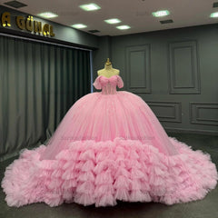 Ball Gown Off Shoulder Sleeveless Pleated Tulle Tiered Beaded Pink Tulle Quinceanera Dress Birthday Party Dress For Sweet 16