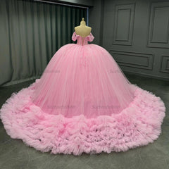 Ball Gown Off Shoulder Sleeveless Pleated Tulle Tiered Beaded Pink Tulle Quinceanera Dress Birthday Party Dress For Sweet 16