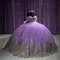 Ball Gown Off Shoulder Sleeveless Ruffles Beaded Gold Appliques Lavenda Tulle Quinceanera Dress Formal Evening Gown For Sweet 16