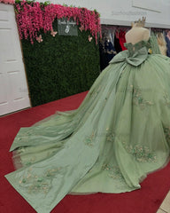 Ball Gown Off Shoulder Sleeveless Sequins 3D Flower Appliques Bow Knot Glitter Mint Green Tulle Quinceanera Dress Birthday Party Dress For Sweet 16