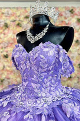 Ball Gown Off Shoulder Sleeveless Sequins Appliques Lace Up Sparkly Purple Tulle Quinceanera Dress Birthday Party Dress For Sweet 16