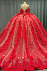 Ball Gown Off Shoulder Sleeveless Sequins Beaded 3D Flower Appliques Sparkly Red Tulle Quinceanera Dress Birthday Party Dress