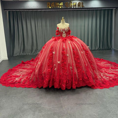 Ball Gown Off Shoulder Sleeveless Sequins Beaded 3D Flower Appliques Sparkly Red Tulle Quinceanera Dress Birthday Party Dress