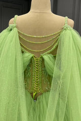 Ball Gown Off Shoulder Spaghetti Straps Sleeveless Pleated Beaded Appliques Backless Green Tulle Formal Evening Party Gown Quinceanera Dress For Sweet 16