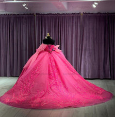 Ball Gown Off Shoulder Sweetheart Long Sleeves Lace Appliques Beaded Hot Pink Tulle Quinceanera Dress Princess Party Gown For Sweet 16