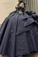 Ball Gown One Shoulder /Off Shoulder Sleeveless Beaded Appliques Ruffles Tiered Lace Up Sparkly Dark Navy Satin Quinceanera Dress Evening Formal Gown For Sweet 16