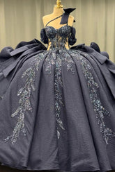 Ball Gown One Shoulder /Off Shoulder Sleeveless Beaded Appliques Ruffles Tiered Lace Up Sparkly Dark Navy Satin Quinceanera Dress Evening Formal Gown For Sweet 16