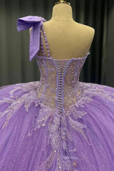 Ball Gown One Shoulder Sleeveless Beaded Sequins Appliques Ruffles Lilac Tulle Quinceanera Dress Evening Party Gown For Sweet 16