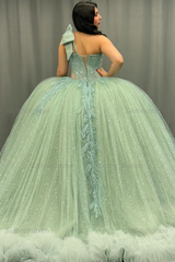 Ball Gown One Shoulder Sleeveless Sequins Beaded Illsion Appliques Pleated Mint Green Tulle Quinceanera Dress Formal Evening Gown For Sweet 16