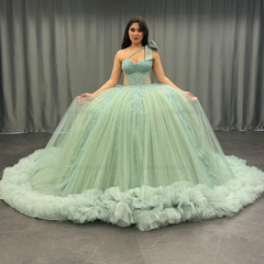 Ball Gown One Shoulder Sleeveless Sequins Beaded Illsion Appliques Pleated Mint Green Tulle Quinceanera Dress Formal Evening Gown For Sweet 16