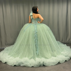 Ball Gown One Shoulder Sleeveless Sequins Beaded Illsion Appliques Pleated Mint Green Tulle Quinceanera Dress Formal Evening Gown For Sweet 16