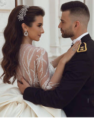 Ball Gown Satin Long Sleeves Lace Wedding Dress with Bow On Sale