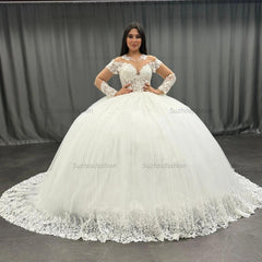 Ball Gown Scoop Neck Long Transparent Sleeves Fully Lace Appliques Pleated White Tulle Formal Evening Party Dress Quinceanera Dress Birthday Gown For Sweet 16