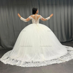 Ball Gown Scoop Neck Long Transparent Sleeves Fully Lace Appliques Pleated White Tulle Formal Evening Party Dress Quinceanera Dress Birthday Gown For Sweet 16