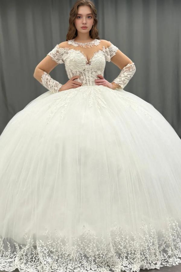 Ball Gown Scoop Neck Long Transparent Sleeves Fully Lace Appliques Pleated White Tulle Formal Evening Party Dress Quinceanera Dress Birthday Gown For Sweet 16