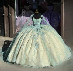 Ball Gown Spaghetti Straps Sweetheart Neck Lace Appliques Beaded Mint Green Tulle Quinceanera Dresses Birthday Prom Gown For Sweet 16