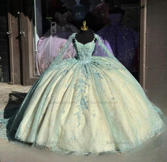 Ball Gown Spaghetti Straps Sweetheart Neck Lace Appliques Beaded Mint Green Tulle Quinceanera Dresses Birthday Prom Gown For Sweet 16