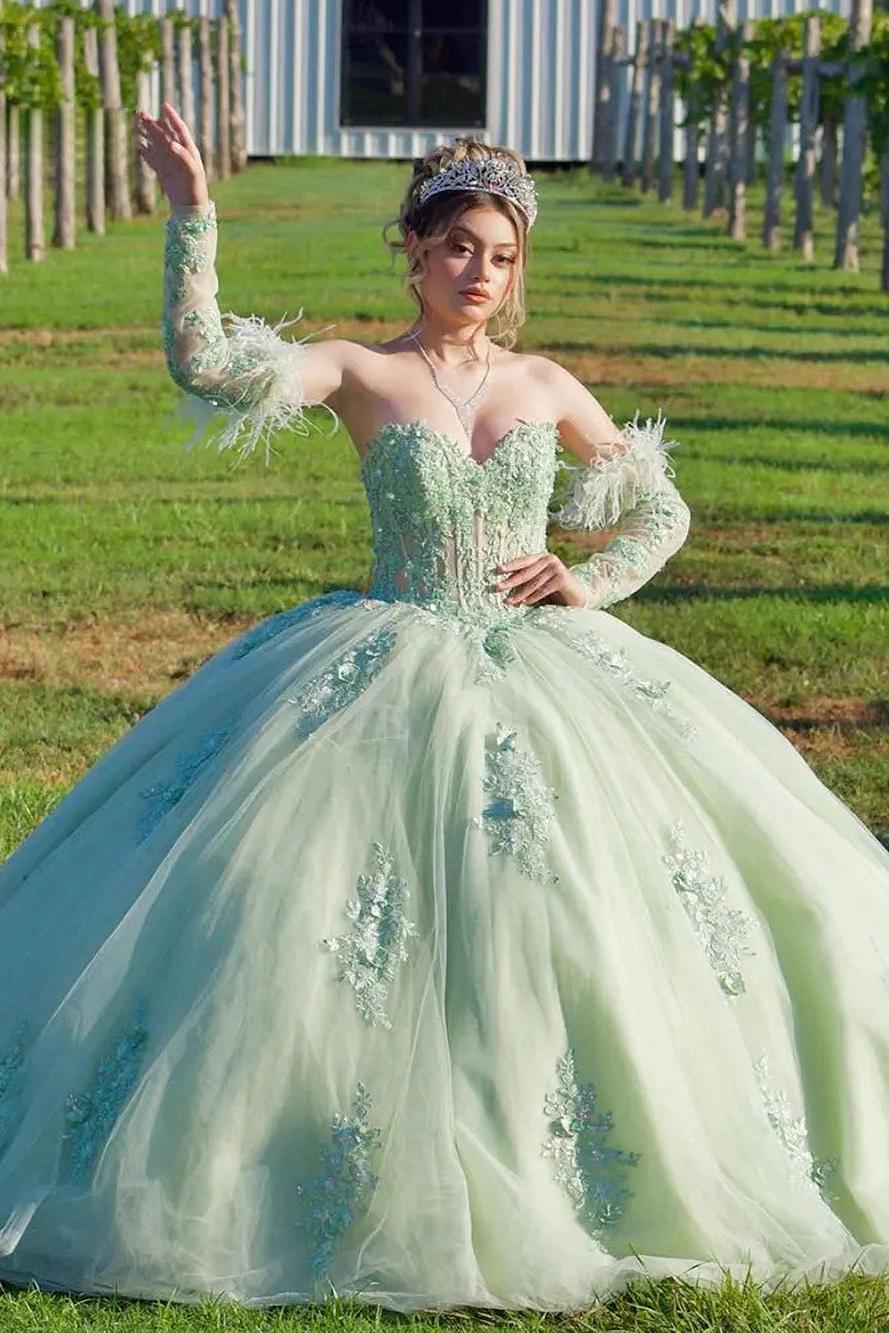 Ball Gown Strapless Detachable Sleeves 3D Flower Lace Appliques Corset Bow Knot Mint Green Tulle Quinceanera Dress For Sweet 16 Ball Gown Strapless Detachable Sleeves 3D Flower Lace Appliques Corset Bow Knot Mint Green Tulle Quinceanera Dress For Sweet 16