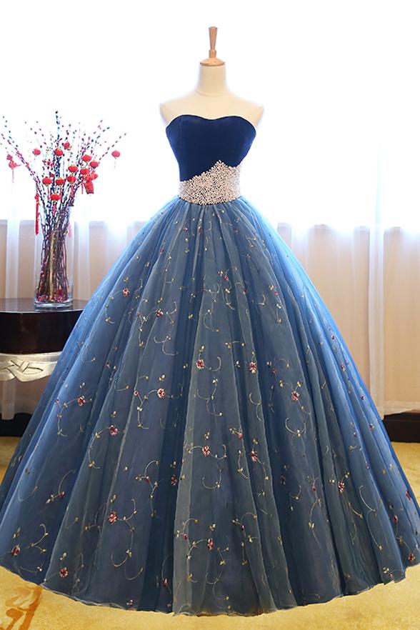 Ball Gown Strapless Embroidery Pearl Dark Blue Formal Prom Dresses Ball Gown Strapless Embroidery Pearl Dark Blue Formal Prom Dresses