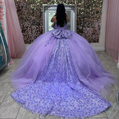 Ball Gown Strapless Lace Flower Appliques Beaded Bow Knot Lilac Tulle Quinceanera Dress For Sweet 16