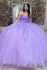 Ball Gown Strapless Lace Flower Appliques Beaded Bow Knot Lilac Tulle Quinceanera Dress For Sweet 16