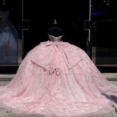 Ball Gown Strapless Sleeveless Beaded Bow Knot Fully Sequins Appliques Sparkly Pink Tullle Quinceanera Dress Birthday Party Dress For Sweet 16