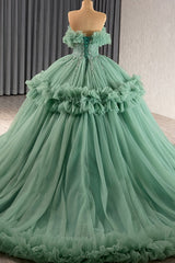 Ball Gown Strapless Sleeveless Beaded Crystal Ruffles Tiered Lace Up Mint Green Tulle Quinceanera Dress Birthday Party Gown For Sweet 16