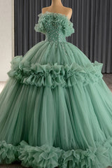 Ball Gown Strapless Sleeveless Beaded Crystal Ruffles Tiered Lace Up Mint Green Tulle Quinceanera Dress Birthday Party Gown For Sweet 16