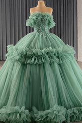 Ball Gown Strapless Sleeveless Beaded Crystal Ruffles Tiered Lace Up Mint Green Tulle Quinceanera Dress Birthday Party Gown For Sweet 16