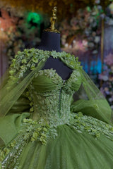 Ball Gown Strapless Sleeveless Pleated Fully Beaded Appliques Shawl Bow Knot Sage Green Tulle Quinceanera Dress Birthday Party Dress For Sweet 16 Evening Formal Gown