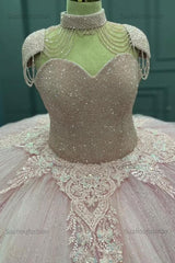 Ball Gown Sweetheart Neck Cap Sleeves Beaded Appliques Baby Pink Tulle Quinceanera Dress Formal Evening Gown For Sweet 16