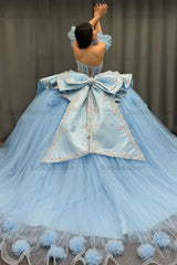 Ball Gown Sweetheart Neck Detachable Half Lantern Sleeves Beaded 3D Flower Appliques Big Bow Knot Back Glitter Sky Blue Tulle Quinceanera Dress Birthday Party Dress For Sweet 16