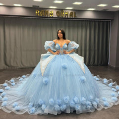 Ball Gown Sweetheart Neck Detachable Half Lantern Sleeves Beaded 3D Flower Appliques Big Bow Knot Back Glitter Sky Blue Tulle Quinceanera Dress Birthday Party Dress For Sweet 16