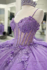 Ball Gown Sweetheart Neck Spaghetti Straps Sleeveless Beaded 3D Flower Appliques Pleated Bow Knot Sparkly Lilac Tulle Quinceanera Dress Princess Birthday Party Dress For Sweet 16