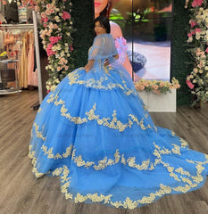 Ball Gown V Neck Beaded Sequins Flower Appliques Tiered Lace Up Sky Blue Tulle Quinceanera Dress Cocktail Dresses Princess Evening Party Gown For Sweet 16