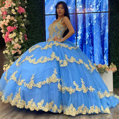 Ball Gown V Neck Beaded Sequins Flower Appliques Tiered Lace Up Sky Blue Tulle Quinceanera Dress Cocktail Dresses Princess Evening Party Gown For Sweet 16