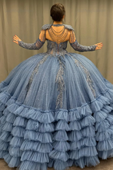 Ball Gown V Neck Sleeveless Detachable Sleeves & Shawl Beaded Sequins Appliques Ruffles Tiered Sparkly Blue Tulle Quinceanera Dress Birthday Party Dress For Sweet 16
