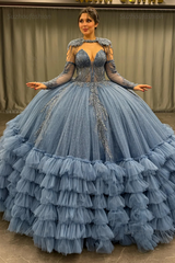 Ball Gown V Neck Sleeveless Detachable Sleeves & Shawl Beaded Sequins Appliques Ruffles Tiered Sparkly Blue Tulle Quinceanera Dress Birthday Party Dress For Sweet 16